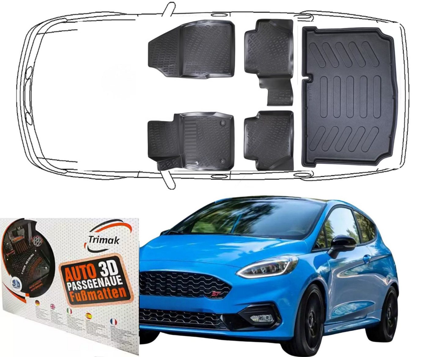 Trimak Passform-Fußmatten Oder Kofferraumwanne Oder Set für Ford Fiesta, Ford Fiesta 2017-2023 Gummimatten Auto & Kofferraummatte TPE Bild 3