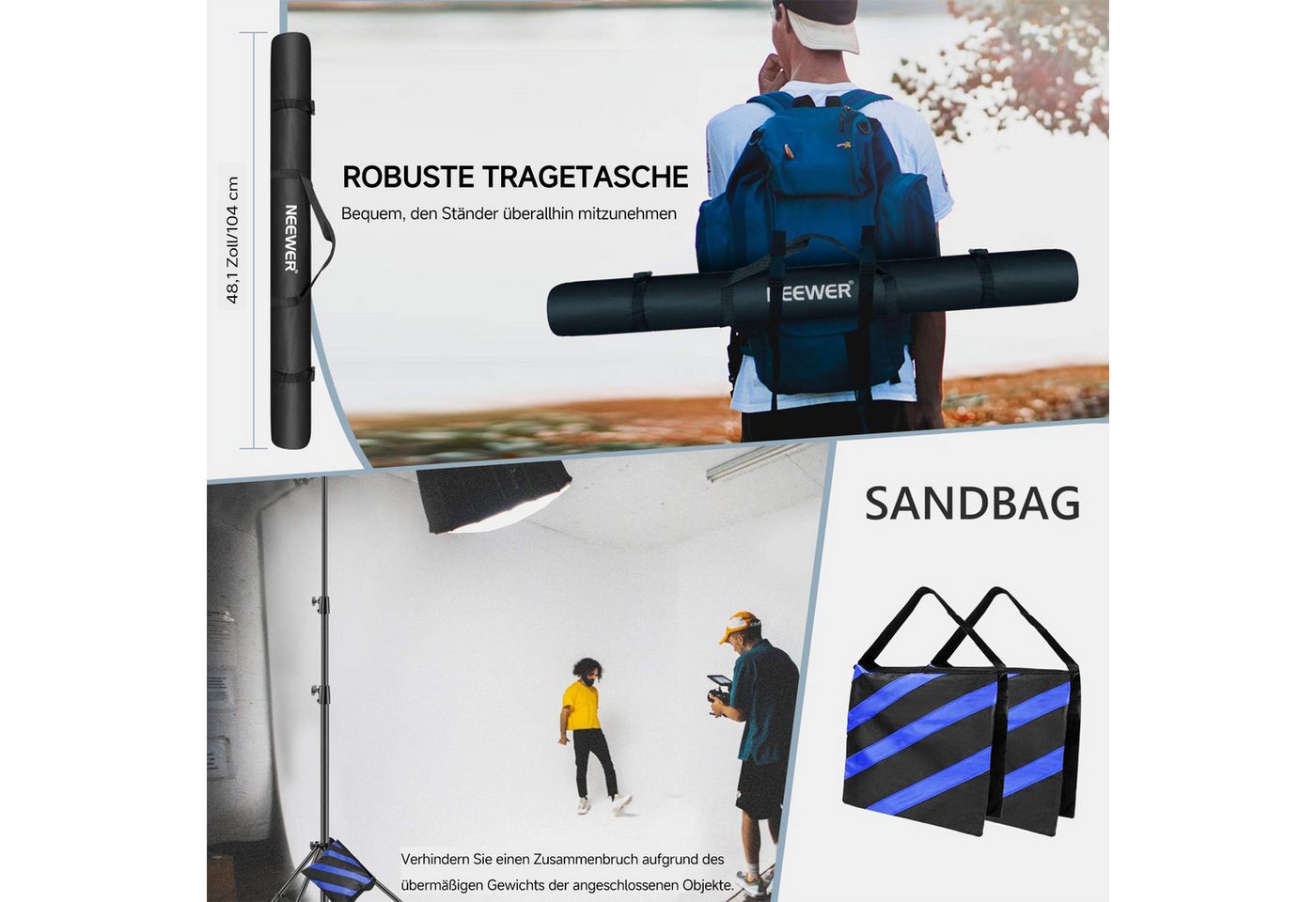 Neewer ST-300SB 2er Pack 3m Schwerlast federbelastet Metall Lichtstative Lampenstativ (Höhenverstellbar 120-300 cm, mit Sandsäcken, für Studio Fotografie) Bild 3