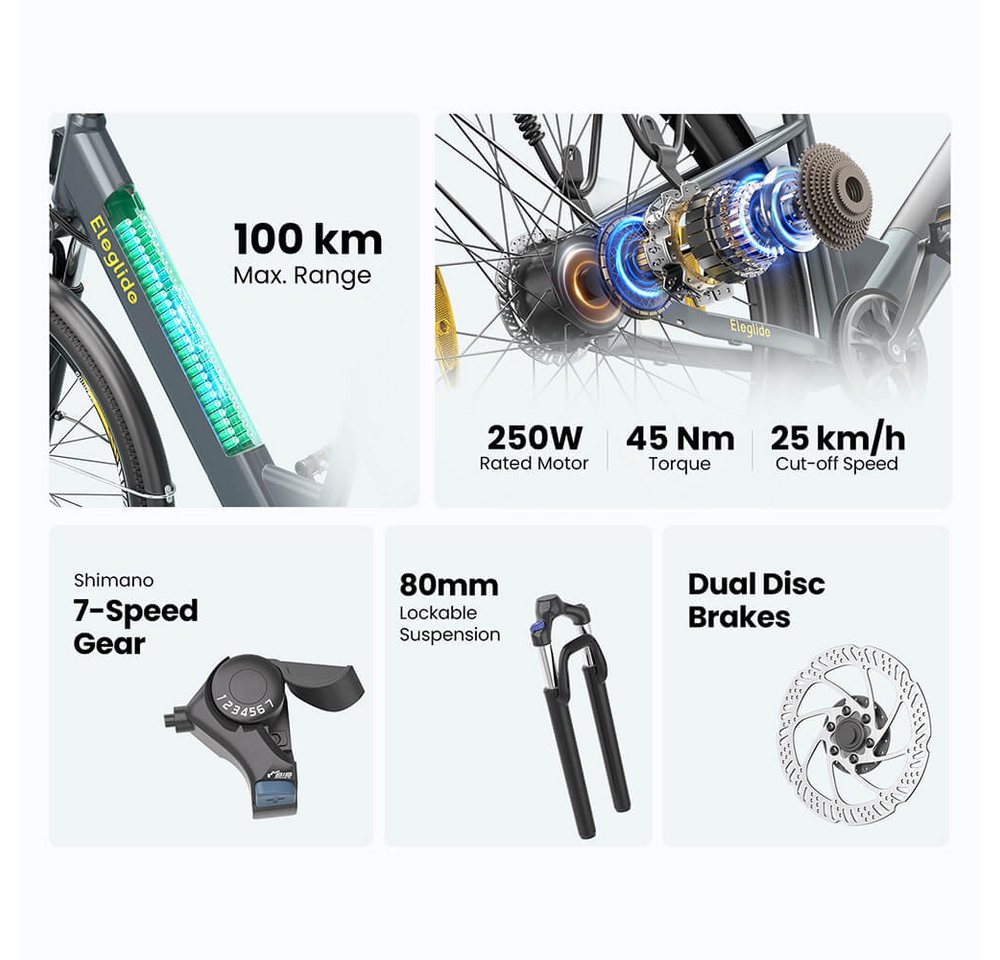 Eleglide E-Bike T1 ST Durchstieg 27,5 Zoll 36V 13Ah 250W E-Bike, 7 Gang Shimano, 468 Wh, 5 Stufen(12/15/18/21/25 km/h), 45N.M, bis zu 100 km Bild 4