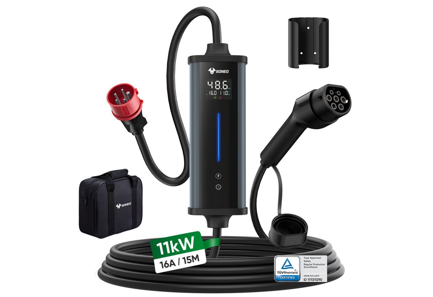 GONEO Elektroauto-Ladestation Typ 2 Ladekabel mit CEE Stecker, Mobile Wallbox, mobil 11kW / 16A, 3-phasig, Mit Fehlerstromschutz Temperaturüberwachung, Einstellbare Ladeleistung & Timer Bild 2
