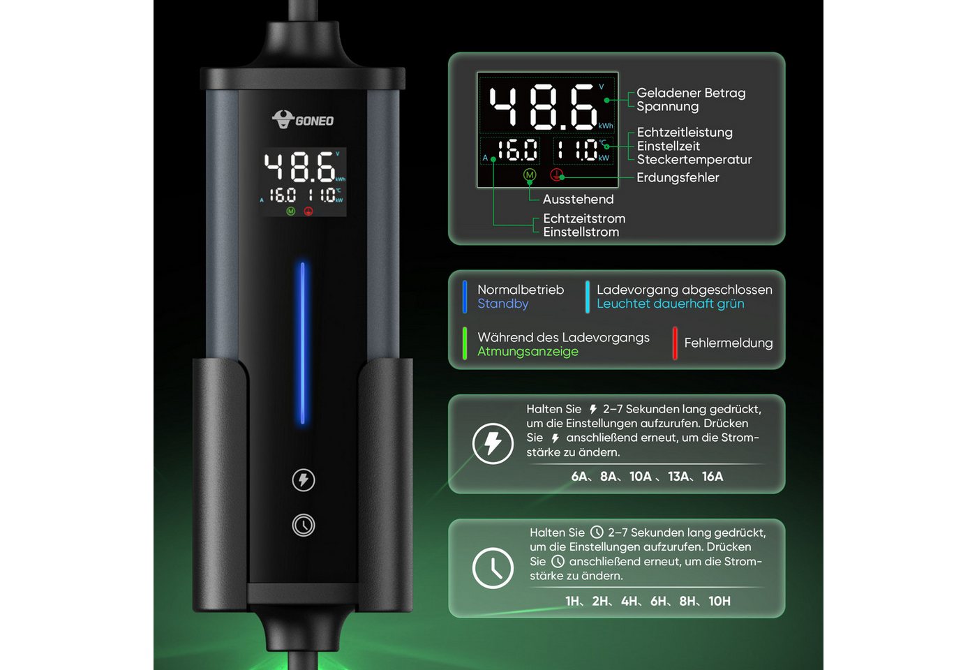 GONEO Elektroauto-Ladestation Typ 2 Ladekabel mit CEE Stecker, Mobile Wallbox, mobil 11kW / 16A, 3-phasig, Mit Fehlerstromschutz Temperaturüberwachung, Einstellbare Ladeleistung & Timer Bild 3