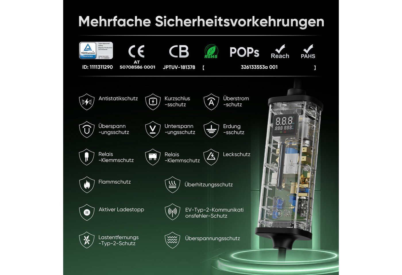 GONEO Elektroauto-Ladestation Typ 2 Ladekabel mit CEE Stecker, Mobile Wallbox, mobil 11kW / 16A, 3-phasig, Mit Fehlerstromschutz Temperaturüberwachung, Einstellbare Ladeleistung & Timer Bild 5