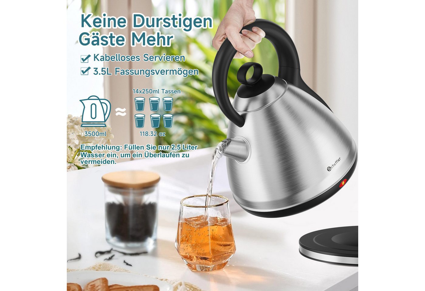 Scheffler Wasserkocher Edelstahl 3,5/6 Liter Retro Teekocher Elektrischer Trockengehschutz, 3.5 l, 1800 W, Schnellkochfunktion, Perfect-pour-Ausgustülle, Fester Filter, BPA-frei Bild 3