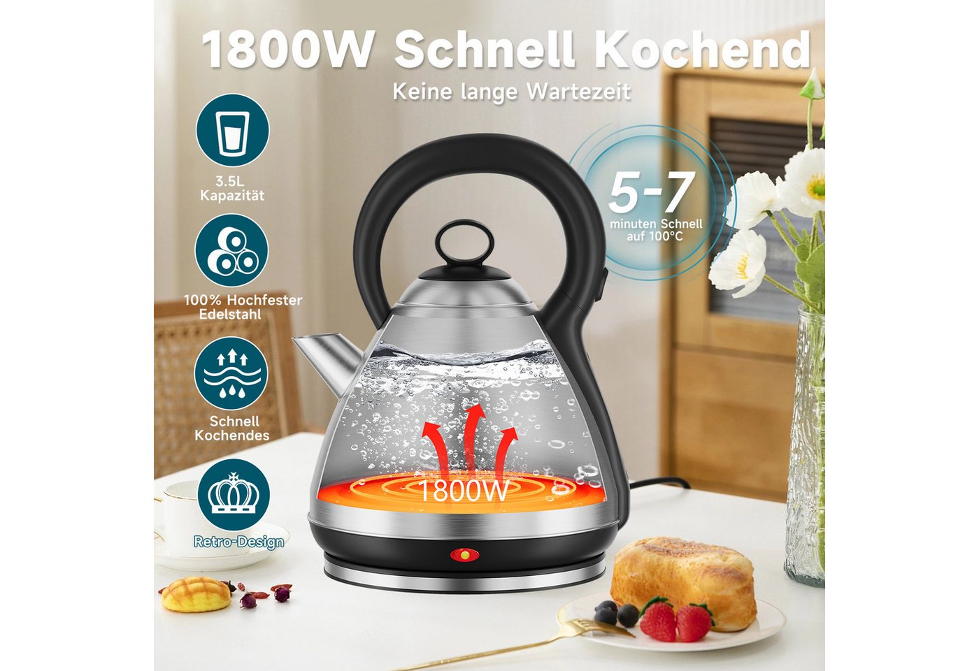 Scheffler Wasserkocher Edelstahl 3,5/6 Liter Retro Teekocher Elektrischer Trockengehschutz, 3.5 l, 1800 W, Schnellkochfunktion, Perfect-pour-Ausgustülle, Fester Filter, BPA-frei Bild 4