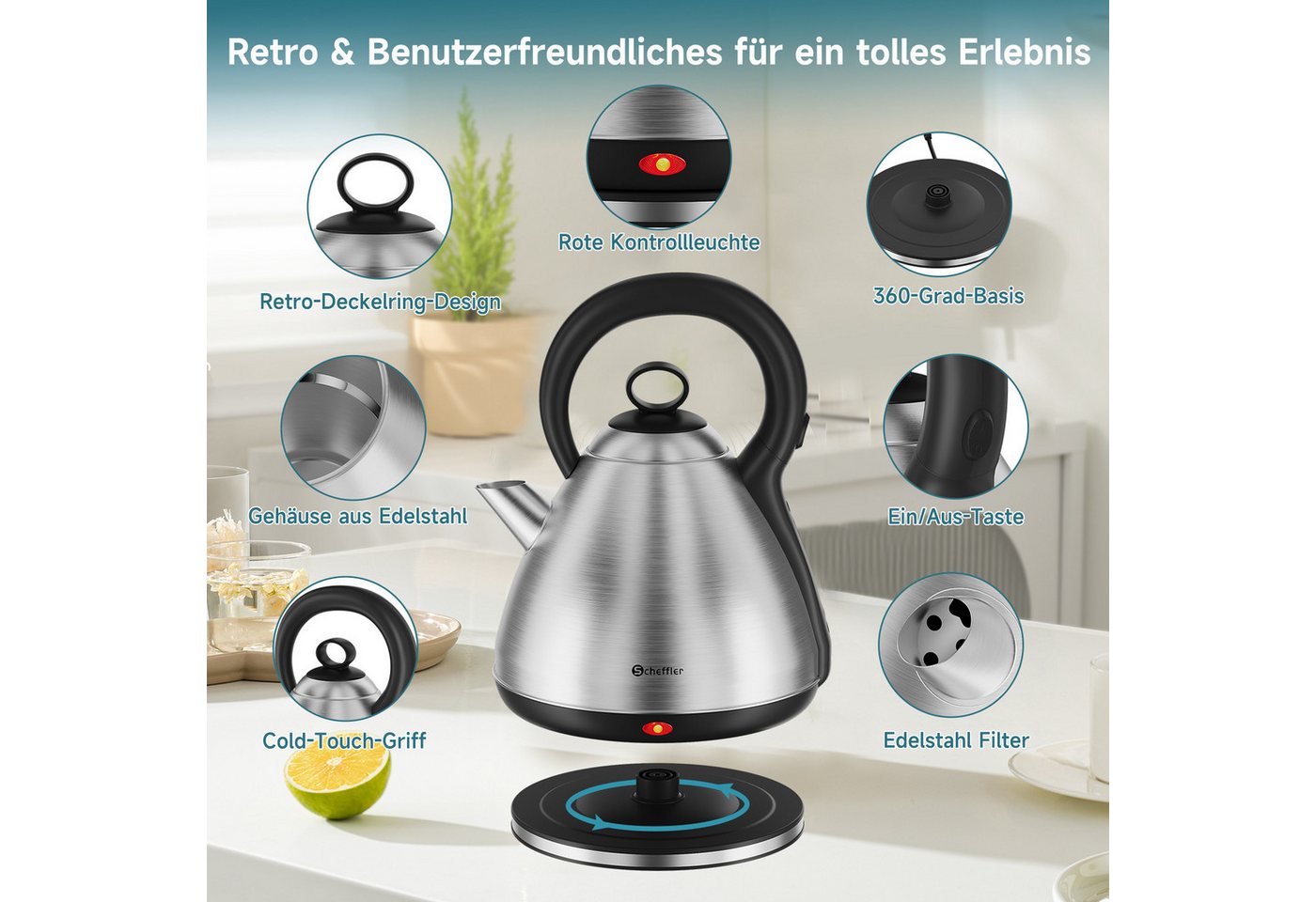 Scheffler Wasserkocher Edelstahl 3,5/6 Liter Retro Teekocher Elektrischer Trockengehschutz, 3.5 l, 1800 W, Schnellkochfunktion, Perfect-pour-Ausgustülle, Fester Filter, BPA-frei Bild 5