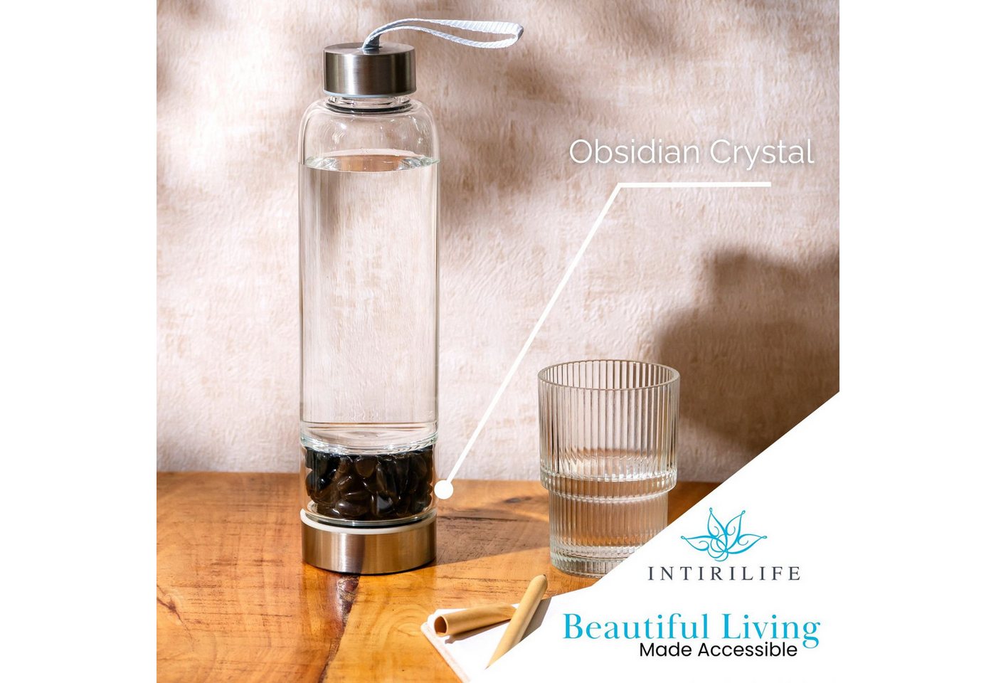 Intirilife Trinkflasche, Trinkflasche Wasserflasche, Heilsteinen, Tasche - Schwarzer Obsidian Bild 3