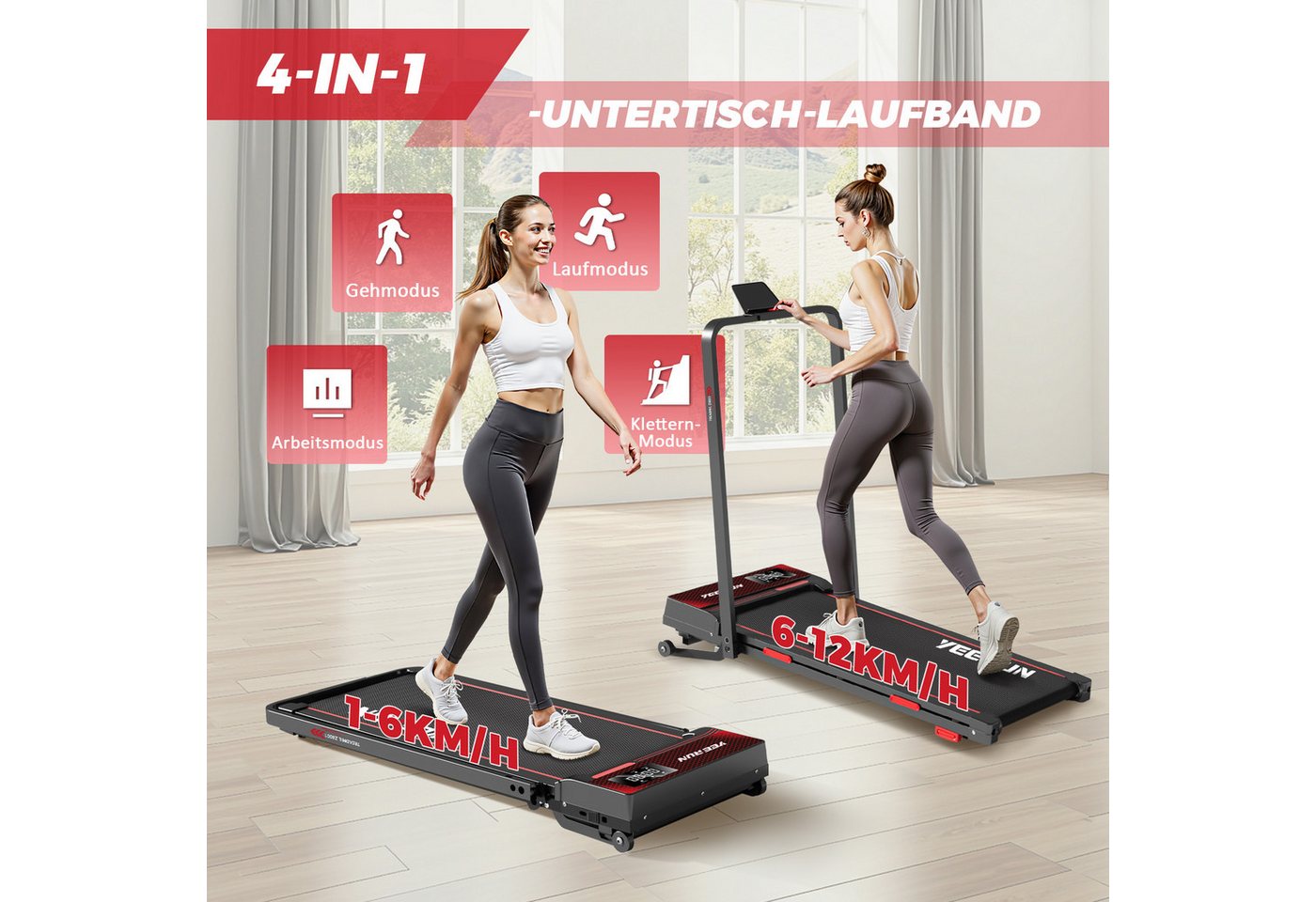 YEE RUN Laufband für Zuhause, Treadmill klappbar, elektrische 15% Steigung, 1-12 km/h Bild 3