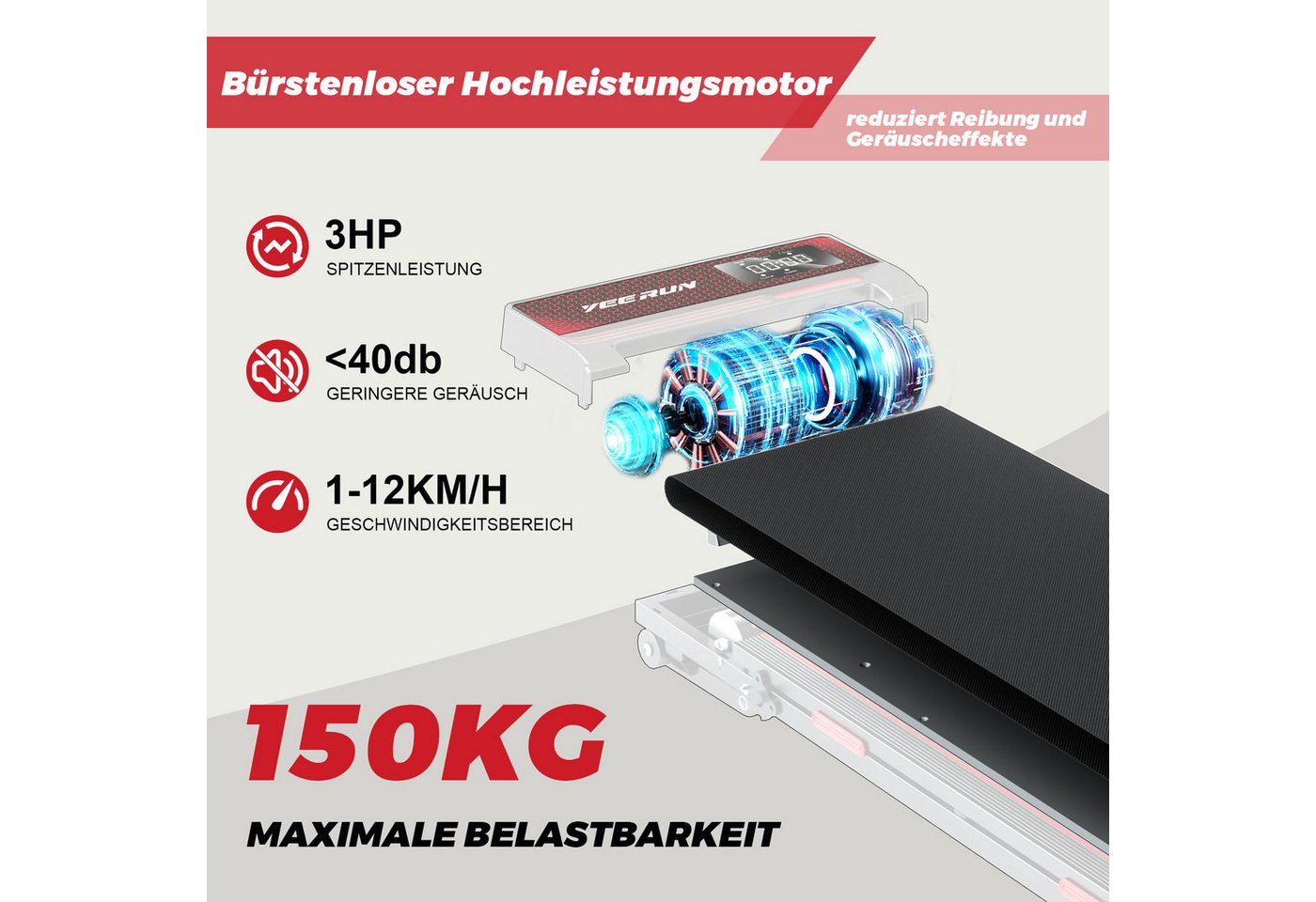 YEE RUN Laufband für Zuhause, Treadmill klappbar, elektrische 15% Steigung, 1-12 km/h Bild 4