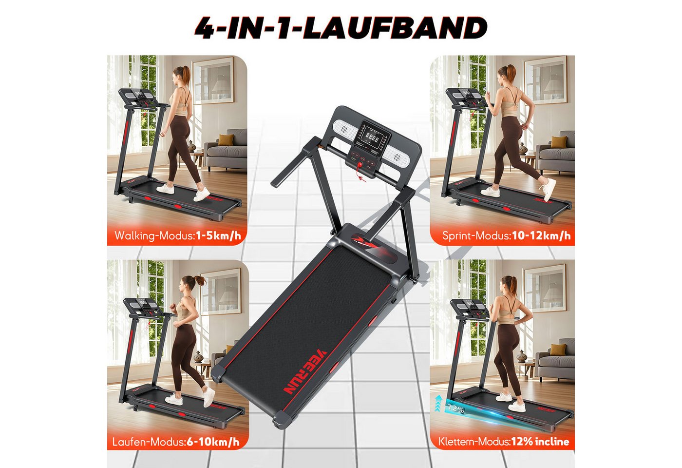 YEE RUN Laufband für Zuhause, 4 in 1, 12 % Steigung, 3HP, 1-14 km/h, BT-Lautsprecher Bild 3