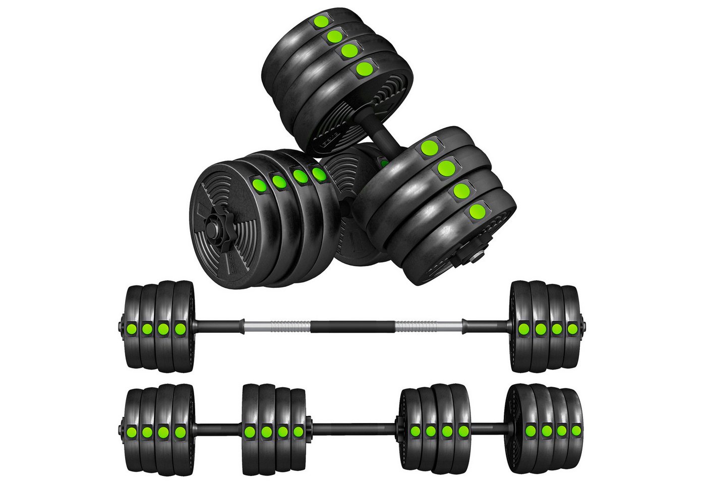 SPORTNOW Hantel-Set 30 kg verstellbar mit 16 Hantelscheiben, bodenschonend, Fitness, (Dumbbell Set, 2-in-1 Hantel- und Langhantelset), für vielseitiges Training, Schwarz+Grün