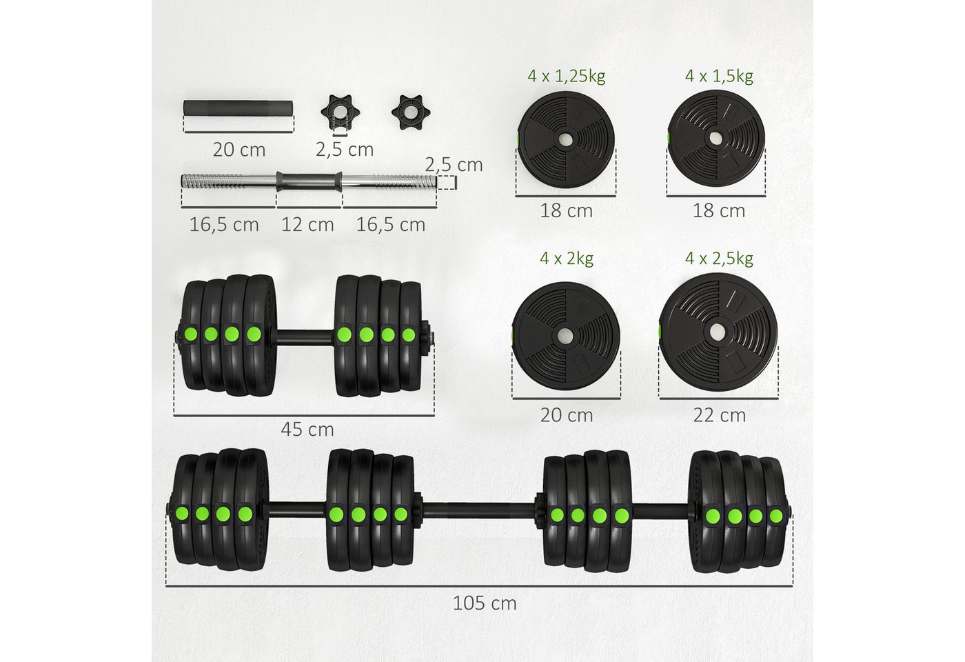 SPORTNOW Hantel-Set 30 kg verstellbar mit 16 Hantelscheiben, bodenschonend, Fitness, (Dumbbell Set, 2-in-1 Hantel- und Langhantelset), für vielseitiges Training, Schwarz+Grün Bild 3
