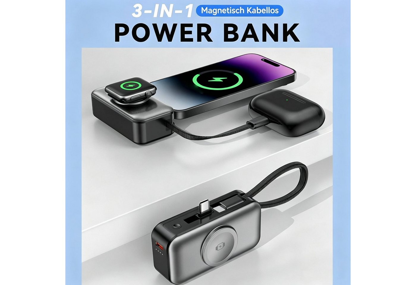 AIBISTAR 5000mAh Magnetische Powerbank, 22,5W, klappbarer Typ-C Powerbank, Integrierter Ständer,LED-Akkuanzeige in Echtzeit Bild 2