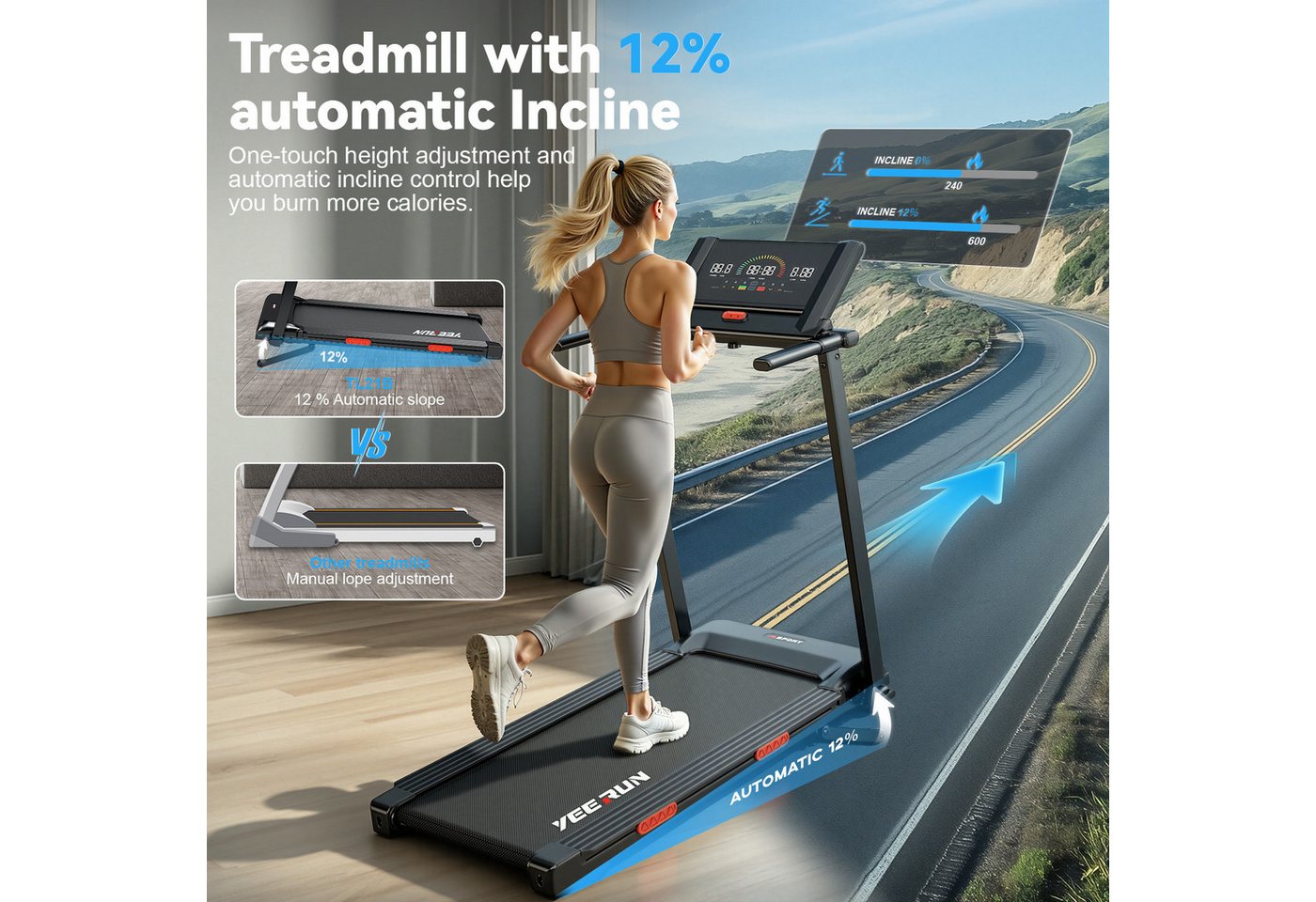 YEE RUN Laufband für Zuhause, klappbar, 4-in-1, elektr. Steigung 12 %, 1-8 km/h.
