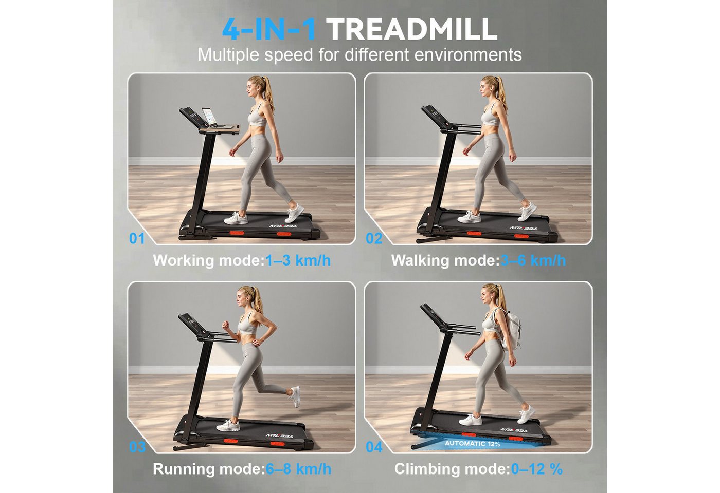 YEE RUN Laufband für Zuhause, klappbar, 4-in-1, elektr. Steigung 12 %, 1-8 km/h. Bild 4