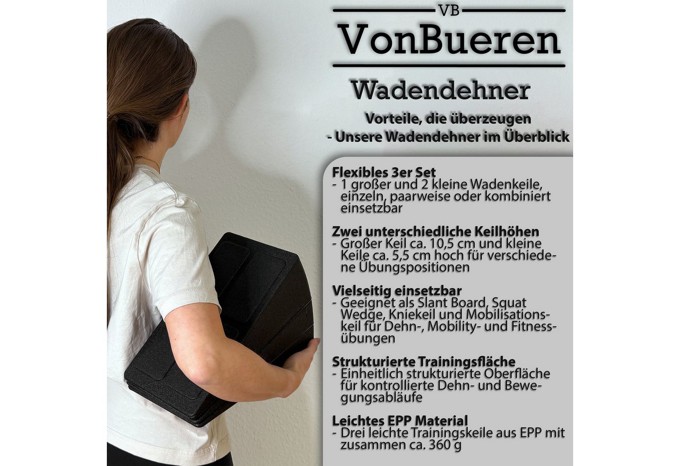 VonBueren Multitrainer Wadendehner 3er Set EPP, Schrägbrett, Slant Board, Wadentrainer, (Wadendehner-Set, 3-teilig, 3-St., 3er Set: 1 großem Wadendehner 2 kleinen Wadendehnern 1 Übungsanleitung), zwei unterschiedliche Keilhöhen, stapelbar, leicht, kombinierbar Bild 3