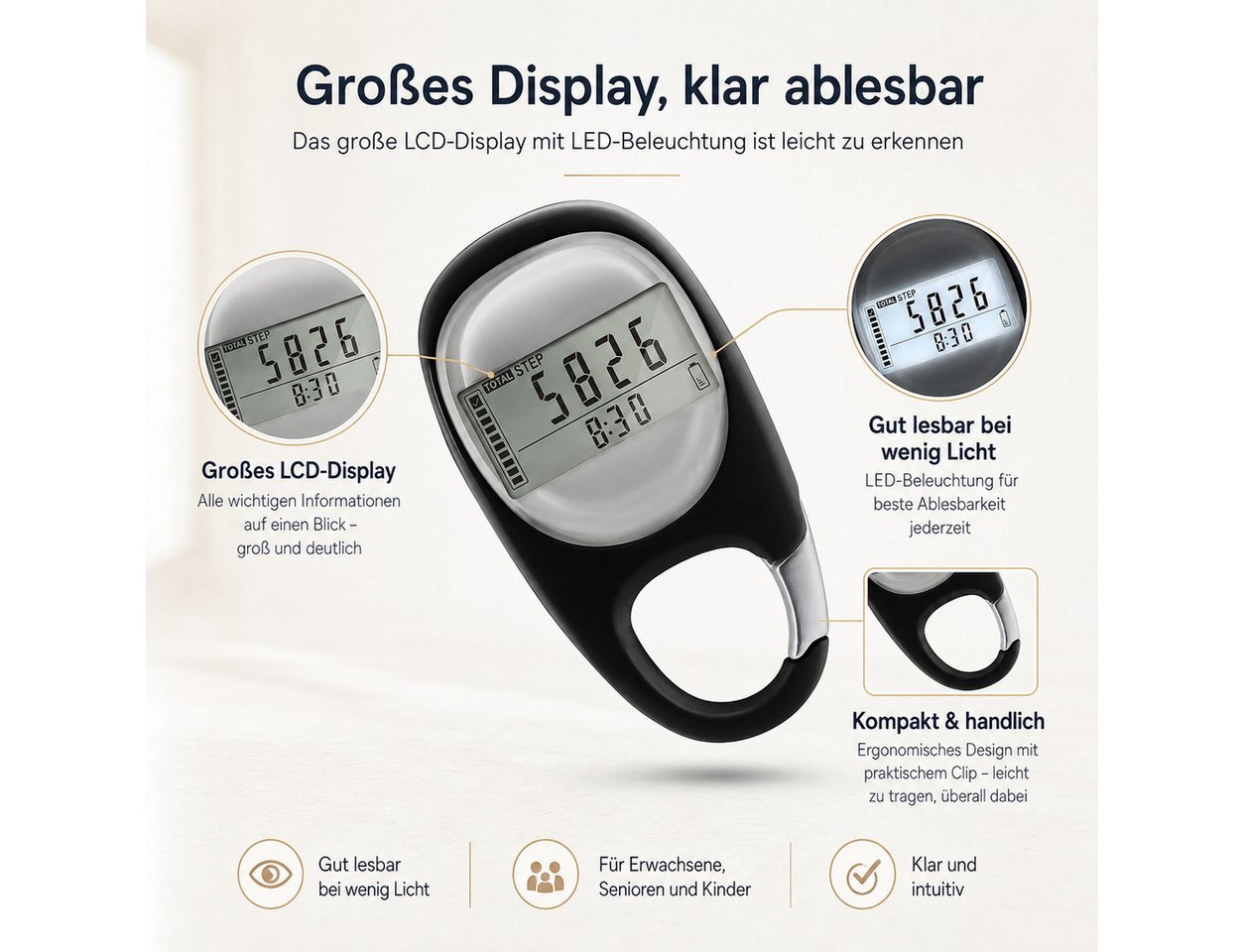 XEOOCE Schrittzähler 3D Schrittzähler ohne App Großes Display Schwarz Bild 5