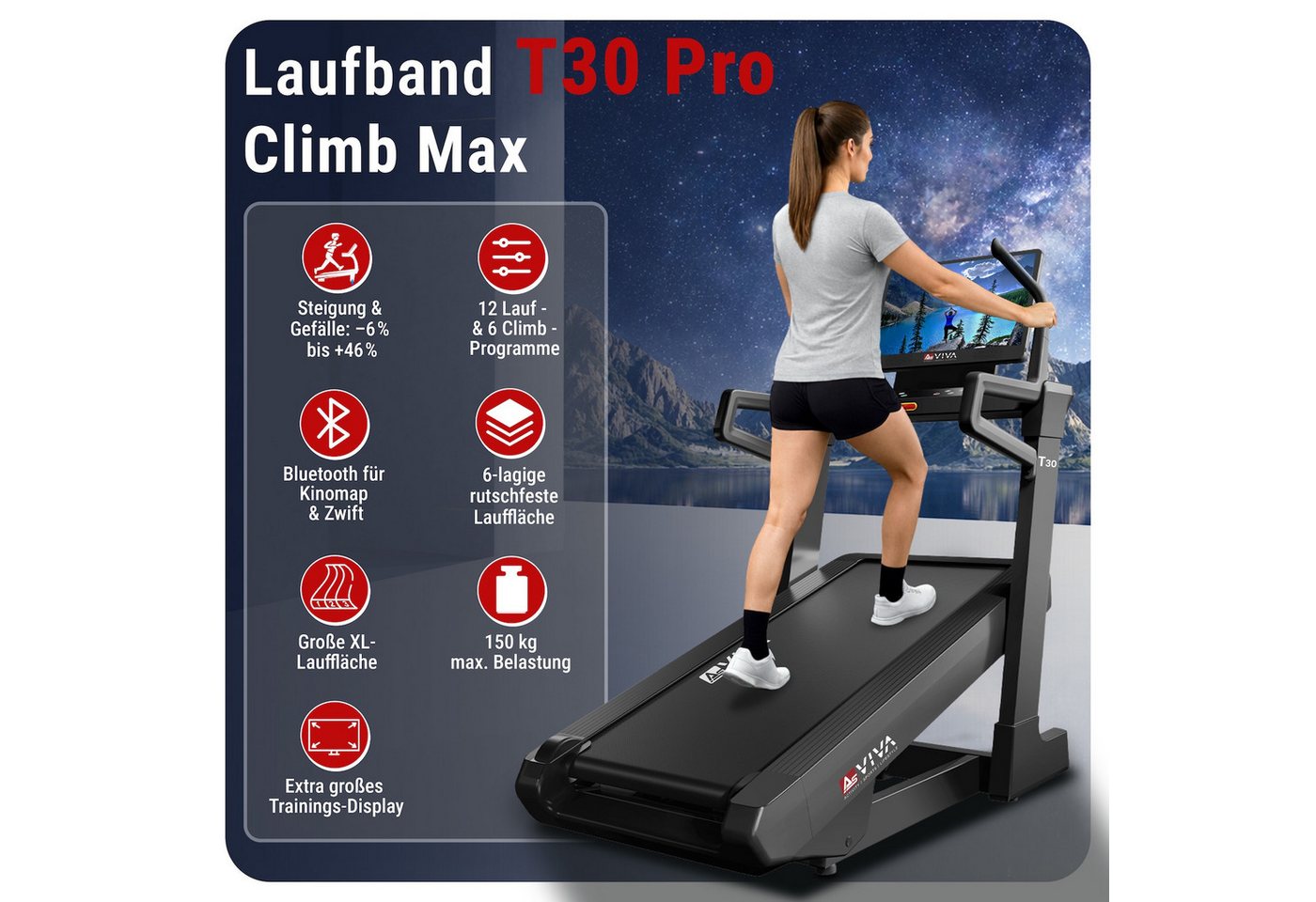 AsVIVA Laufband T30 Pro Max mit automatischer Steigungsanpassung & Touchdisplay, 46 % Steigung, App-Interaktiv, bis 18,8 km/h Bild 3