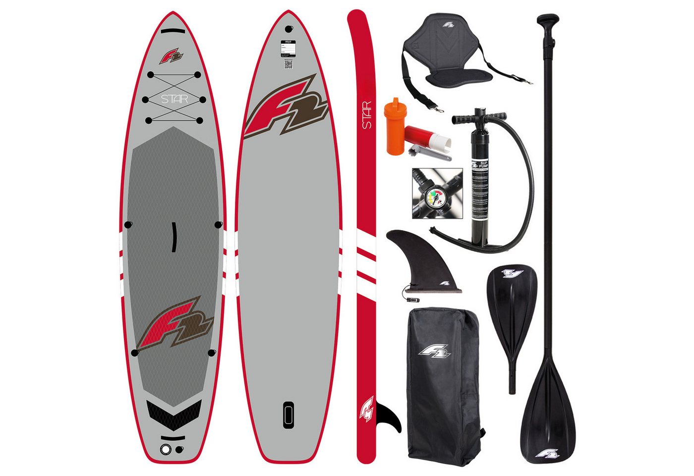 F2 SUP-Board F2 Set Stand Up Paddle Board Star Grau 11,5 + Kajak Zubehör Paket, Stand up paddle board