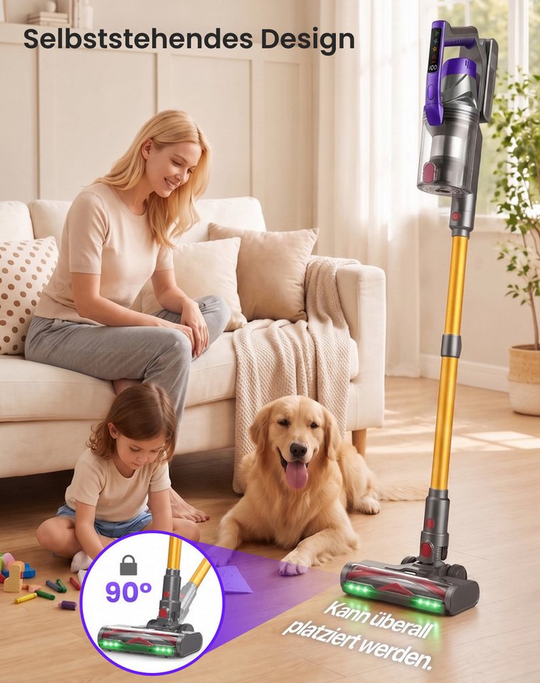 ZOOMCAT Akku-Stielstaubsauger Akkustaubsauger 89KPA/760W/70Mins,Hand- und Stiel-Staubsauger Kabellos, 760 W, beutellos, V‑förmige Antitangle‑Bürste, Flexibler Bürstenkopf, Kabellos & leicht