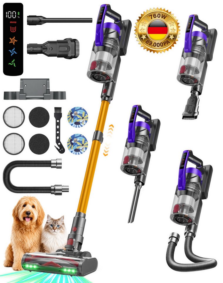 ZOOMCAT Akku-Stielstaubsauger Akkustaubsauger 89KPA/760W/70Mins,Hand- und Stiel-Staubsauger Kabellos, 760 W, beutellos, V‑förmige Antitangle‑Bürste, Flexibler Bürstenkopf, Kabellos & leicht Bild 3