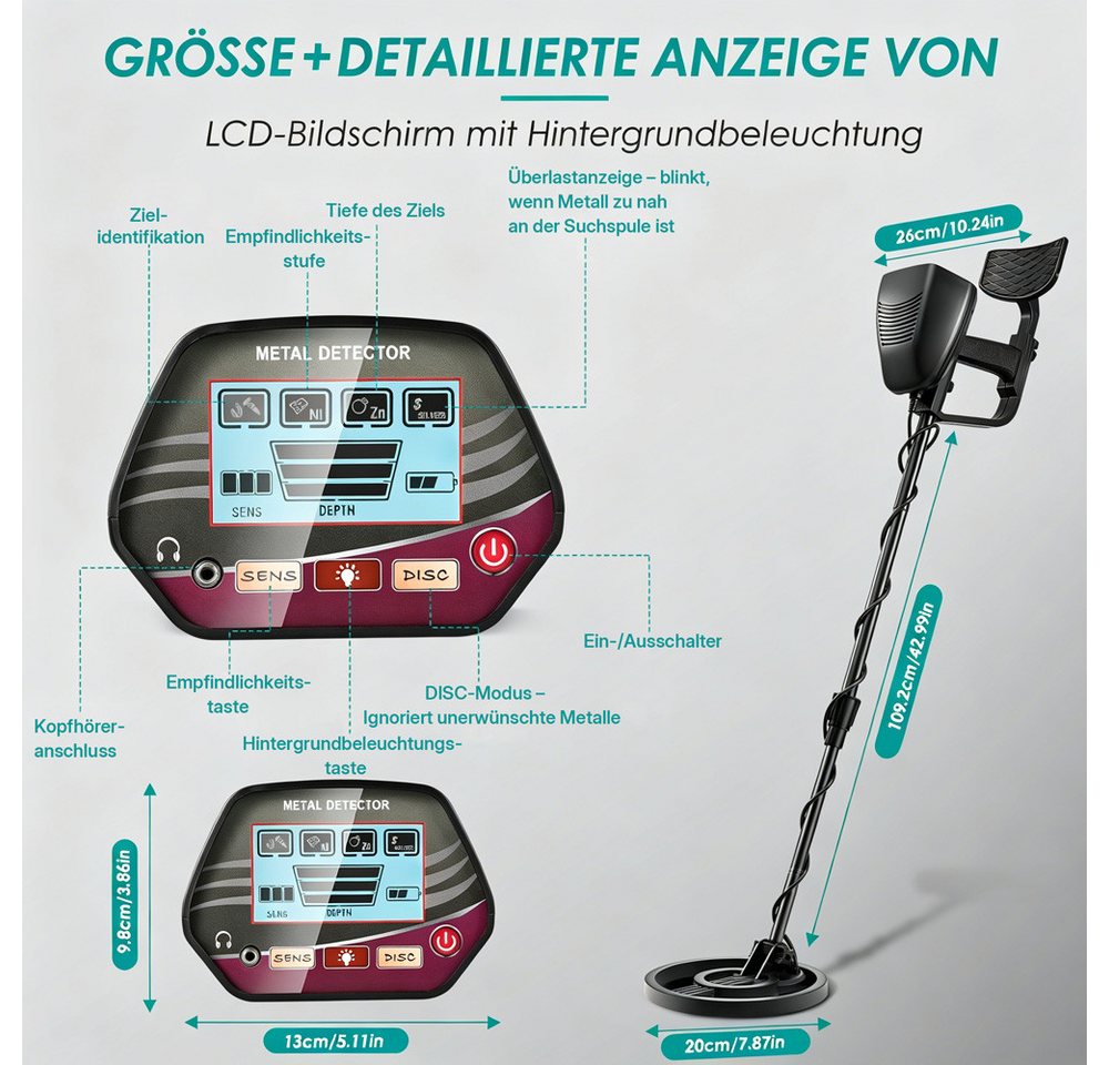 i@home Metalldetektor für Erwachsene und Kinder mit LCD-Display, 8-Zoll-Suchspule, Detektor mit hoher Genauigkeit und LCD-Display