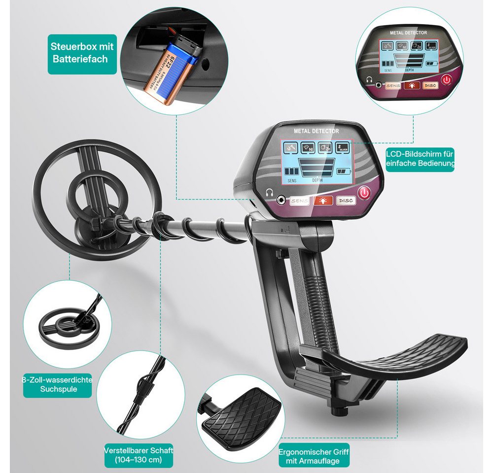 i@home Metalldetektor für Erwachsene und Kinder mit LCD-Display, 8-Zoll-Suchspule, Detektor mit hoher Genauigkeit und LCD-Display Bild 4