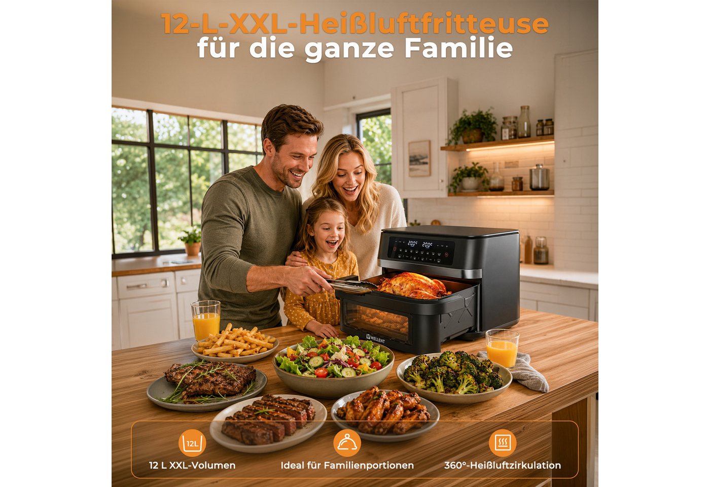 WELLENT Heißluftfritteuse DUAF-LR-100A, 2950 W, XXL 12 L Airfryer, 2 Garzonen, Sichtfenster, SYNC, DUAL, 8 Programme Bild 2