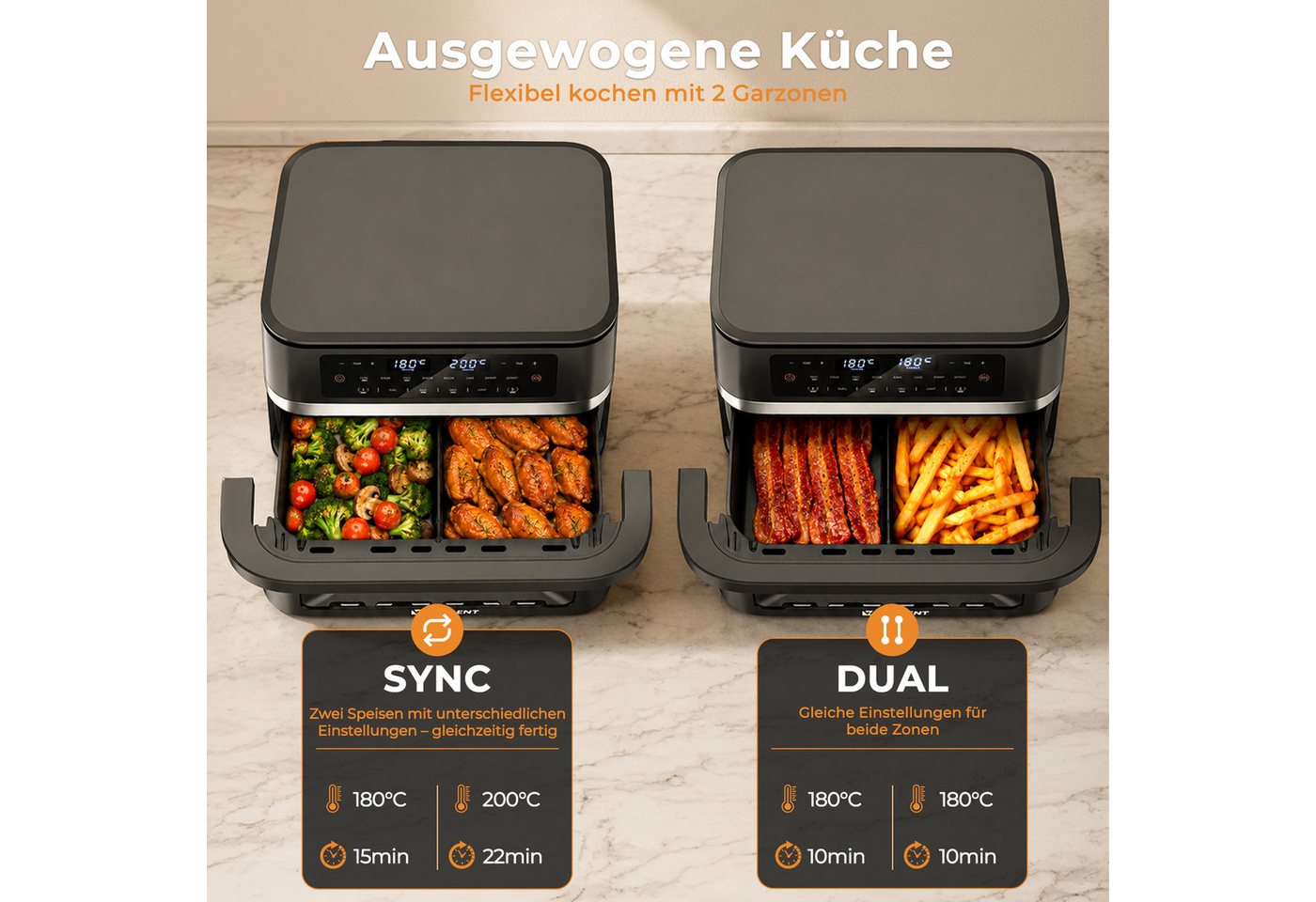 WELLENT Heißluftfritteuse DUAF-LR-100A, 2950 W, XXL 12 L Airfryer, 2 Garzonen, Sichtfenster, SYNC, DUAL, 8 Programme Bild 5