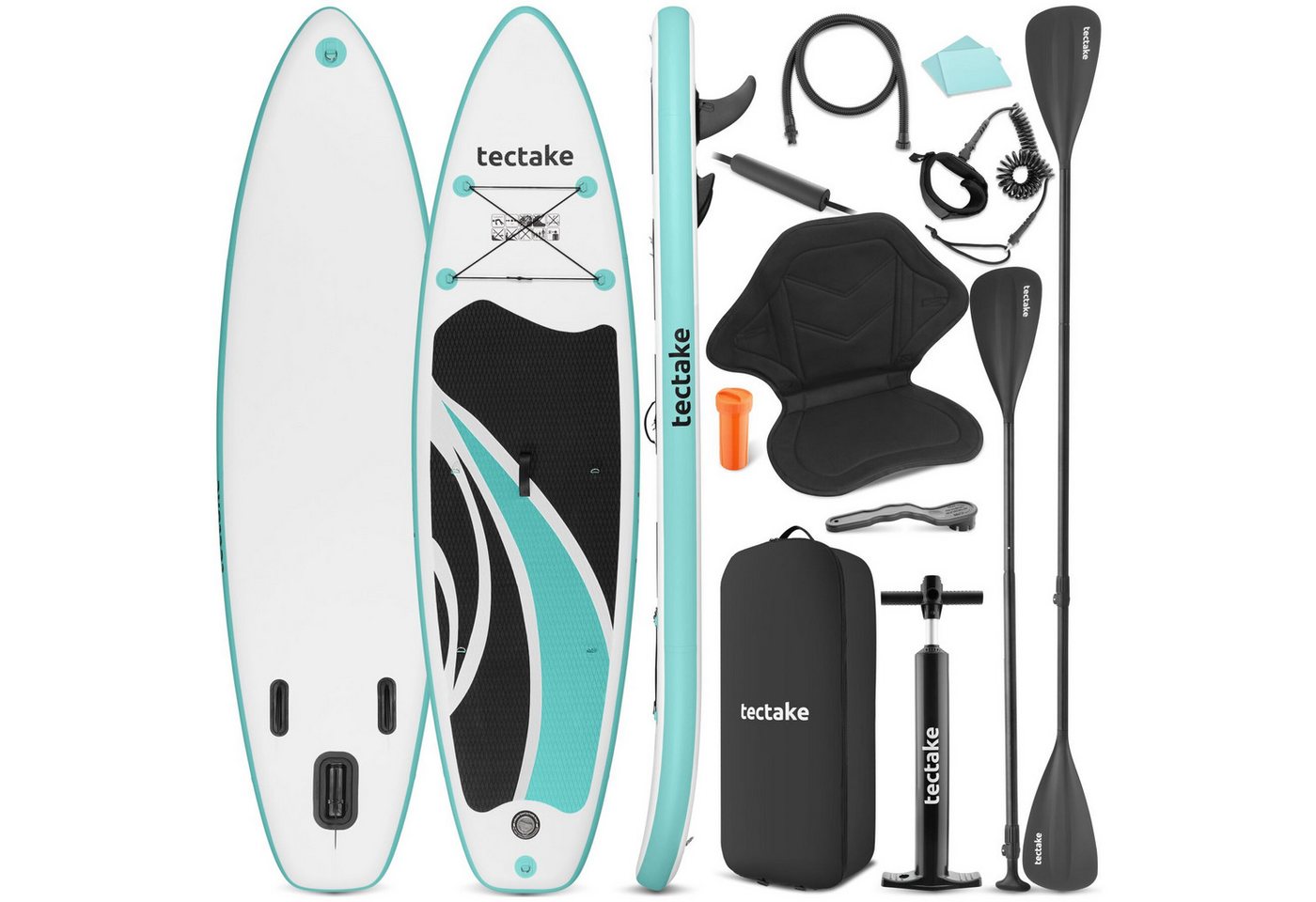 tectake SUP-Board Aufblasbares Paddle Board mit Kajak-Sitz, bis 200 kg, rutschfest, Stand-up Paddle, (Aufblasbares Stand up Paddle Board Zenon, in Weiß/türkis), Verstellbares Doppelpaddel, Inkl. Zubehör für flexiblen Einsatz