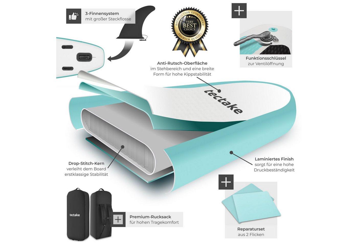 tectake SUP-Board Aufblasbares Paddle Board mit Kajak-Sitz, bis 200 kg, rutschfest, Stand-up Paddle, (Aufblasbares Stand up Paddle Board Zenon, in Weiß/türkis), Verstellbares Doppelpaddel, Inkl. Zubehör für flexiblen Einsatz Bild 2