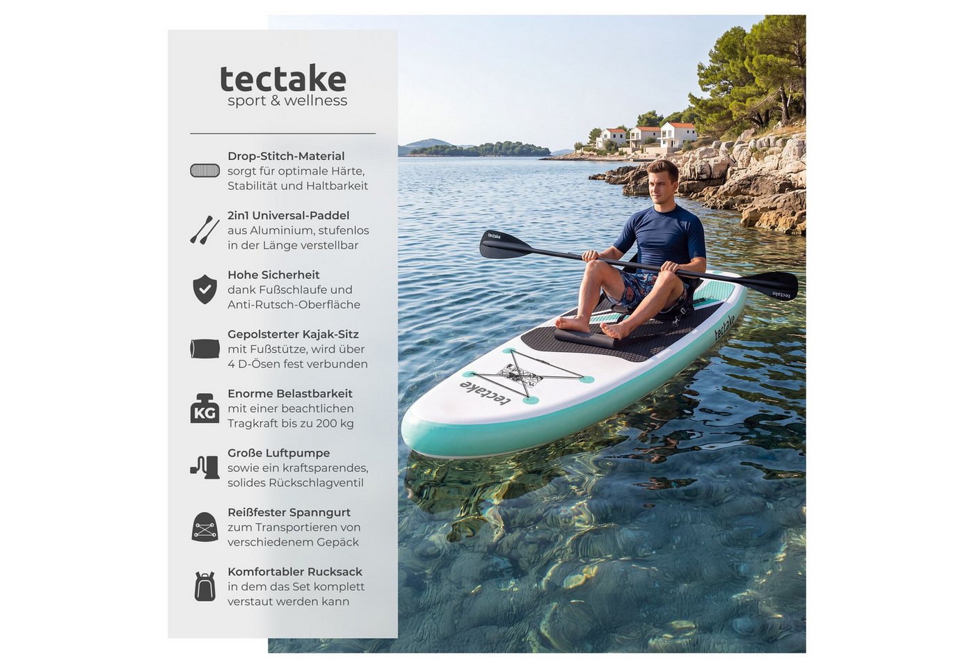 tectake SUP-Board Aufblasbares Paddle Board mit Kajak-Sitz, bis 200 kg, rutschfest, Stand-up Paddle, (Aufblasbares Stand up Paddle Board Zenon, in Weiß/türkis), Verstellbares Doppelpaddel, Inkl. Zubehör für flexiblen Einsatz Bild 3