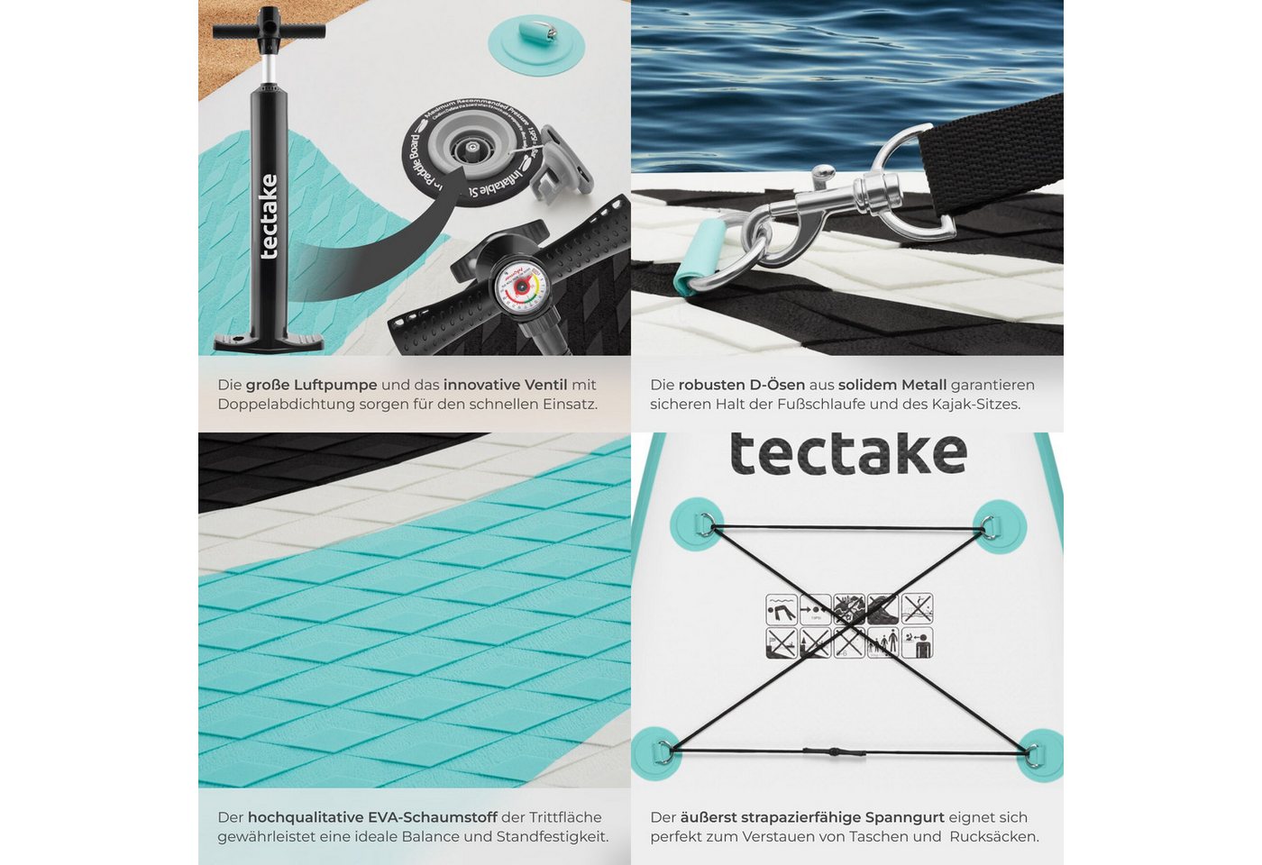 tectake SUP-Board Aufblasbares Paddle Board mit Kajak-Sitz, bis 200 kg, rutschfest, Stand-up Paddle, (Aufblasbares Stand up Paddle Board Zenon, in Weiß/türkis), Verstellbares Doppelpaddel, Inkl. Zubehör für flexiblen Einsatz Bild 4