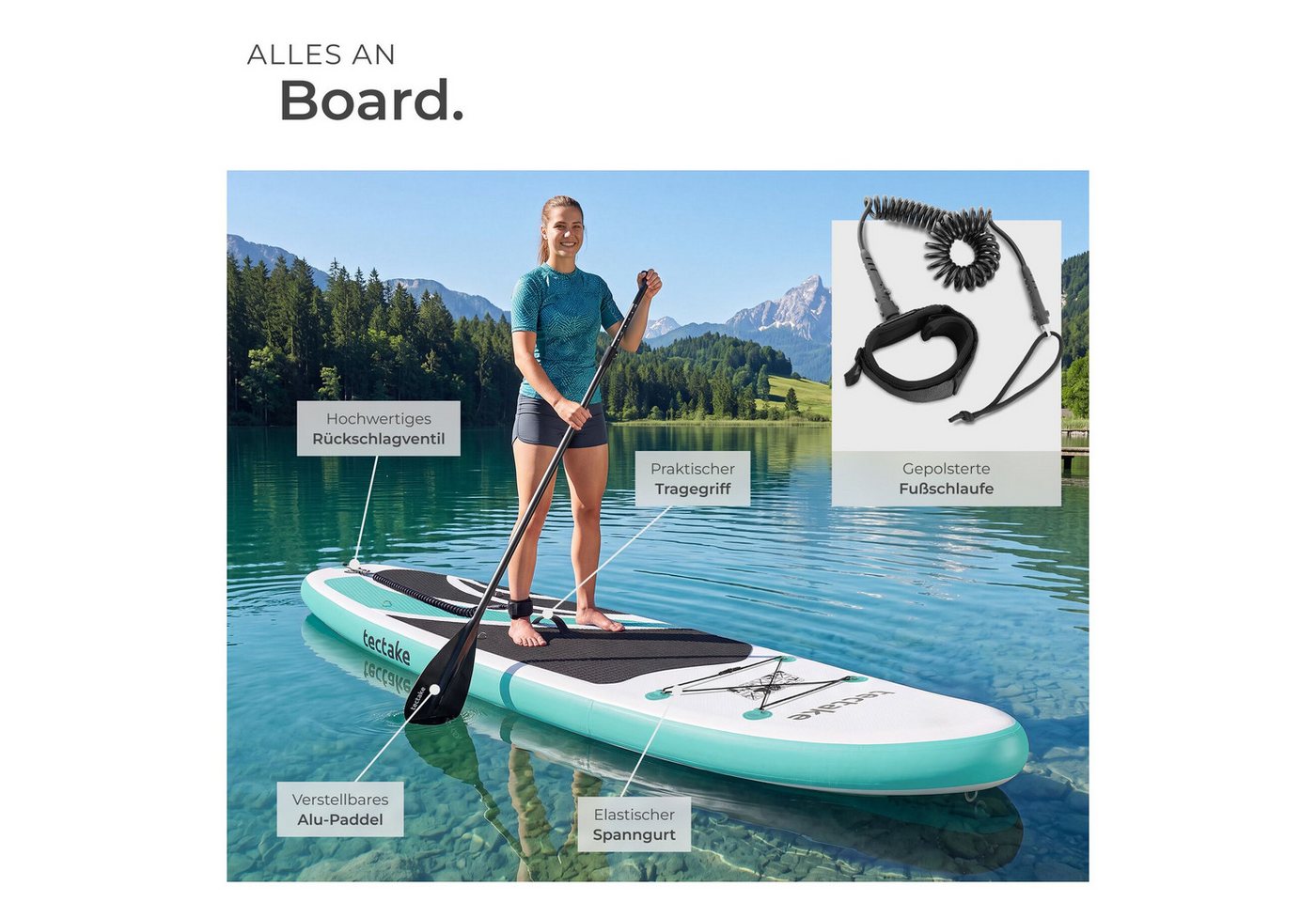 tectake SUP-Board Aufblasbares Paddle Board mit Kajak-Sitz, bis 200 kg, rutschfest, Stand-up Paddle, (Aufblasbares Stand up Paddle Board Zenon, in Weiß/türkis), Verstellbares Doppelpaddel, Inkl. Zubehör für flexiblen Einsatz Bild 5