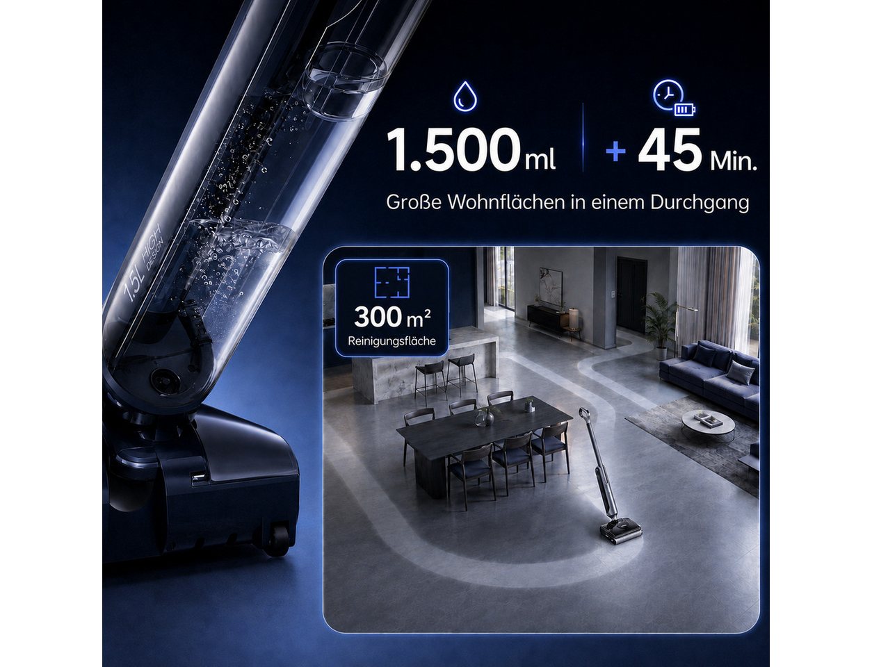 JONR Nass-Trocken-Akkusauger H2 PRO/H2,20000 Pa,Innovatives Geruchsfreies Design, 1500ml Wassertank, Unten Integrierter Schmutzwassertank, Saugwischer Smart 3 in 1/ Nass Trockensauger akk, Badezimmer-Modus, 180°-Flachreinigung Bild 5