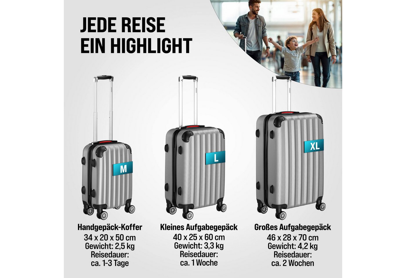 monzana Kofferset, Koffer Zwillingsrollen Zahlenschloss Waage Gurt Reisekoffer silber Bild 2