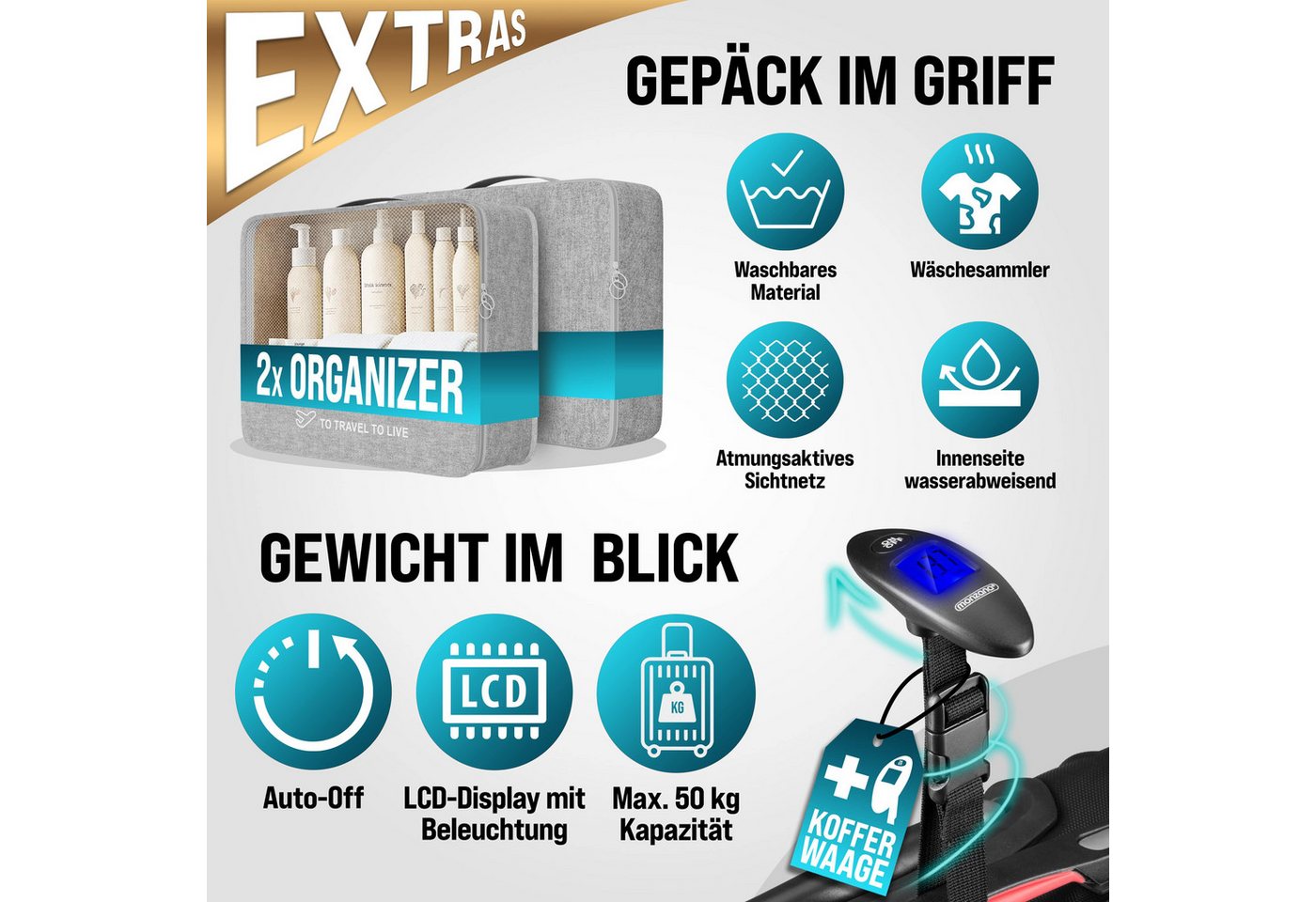 monzana Kofferset, Koffer Zwillingsrollen Zahlenschloss Waage Gurt Reisekoffer silber Bild 3