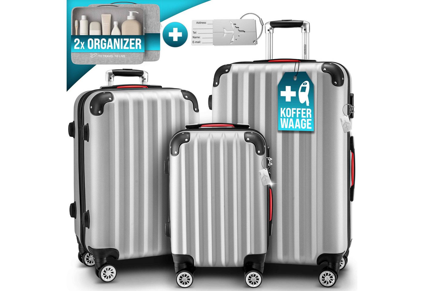 monzana Kofferset, Koffer Zwillingsrollen Zahlenschloss Waage Gurt Reisekoffer silber Bild 4