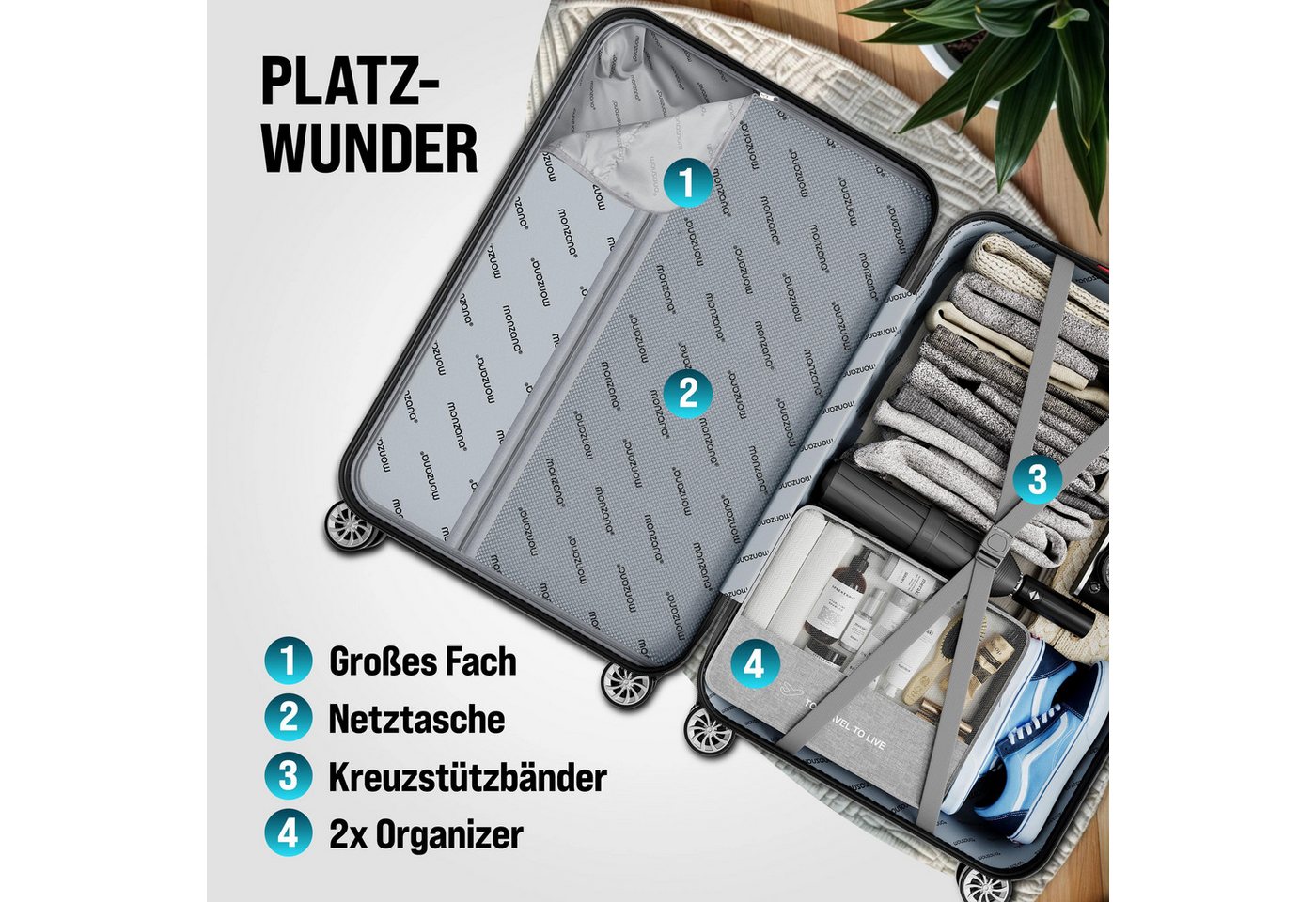 monzana Kofferset, Koffer Zwillingsrollen Zahlenschloss Waage Gurt Reisekoffer silber Bild 5