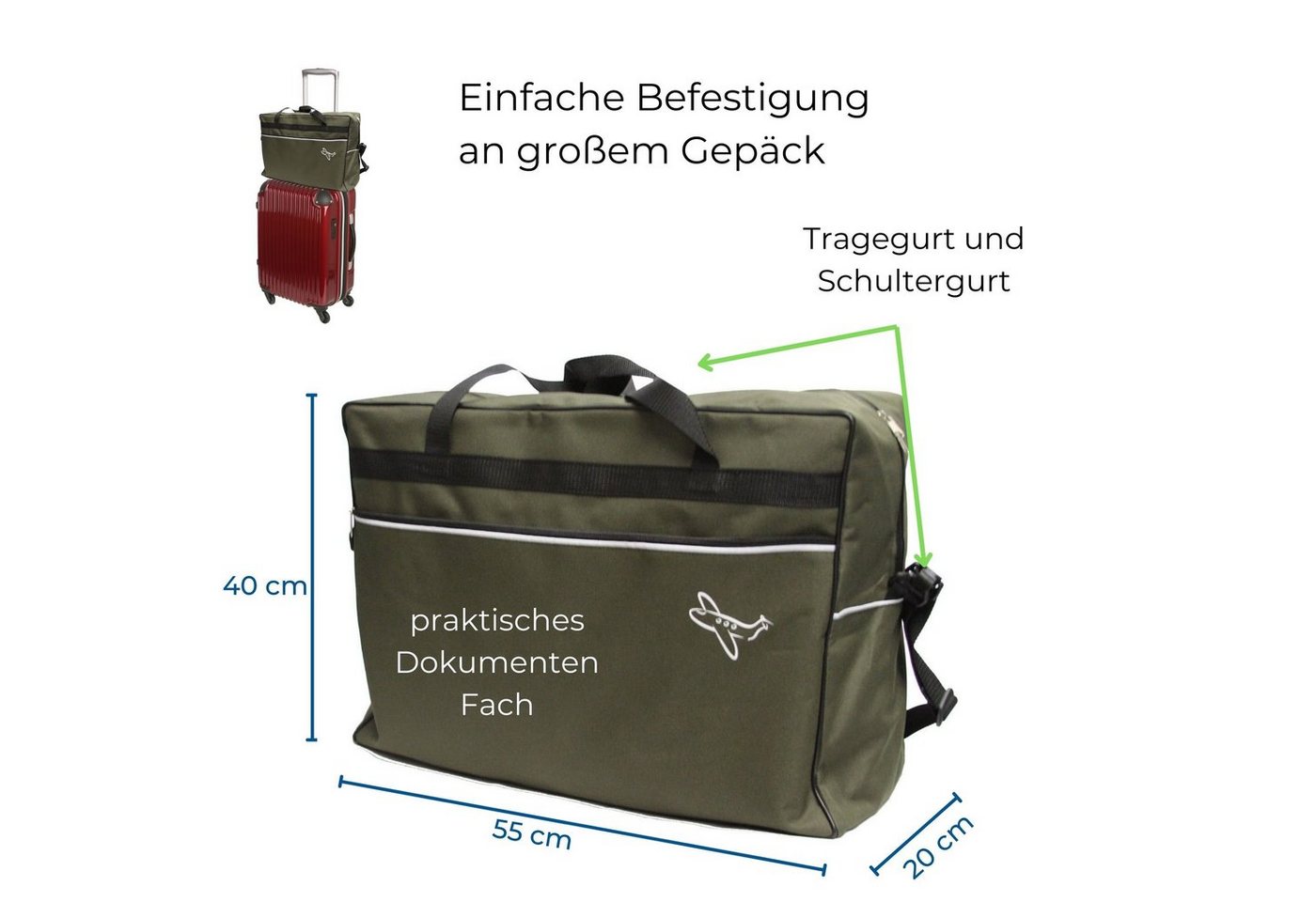 Aves-24 Reisetasche REISETASCHE 55 x 40 x 20 cm Boardgepäck Reise Koffer HANDGEPÄCK, Grün