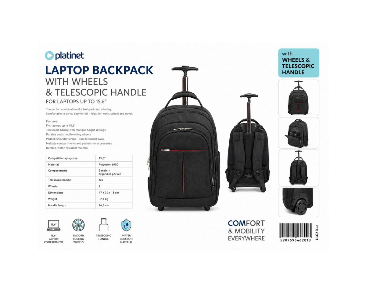 Platinet Kofferrucksack LuckySky, Rucksack und Trolley mit Rollen und Teleskopgriff Bild 3