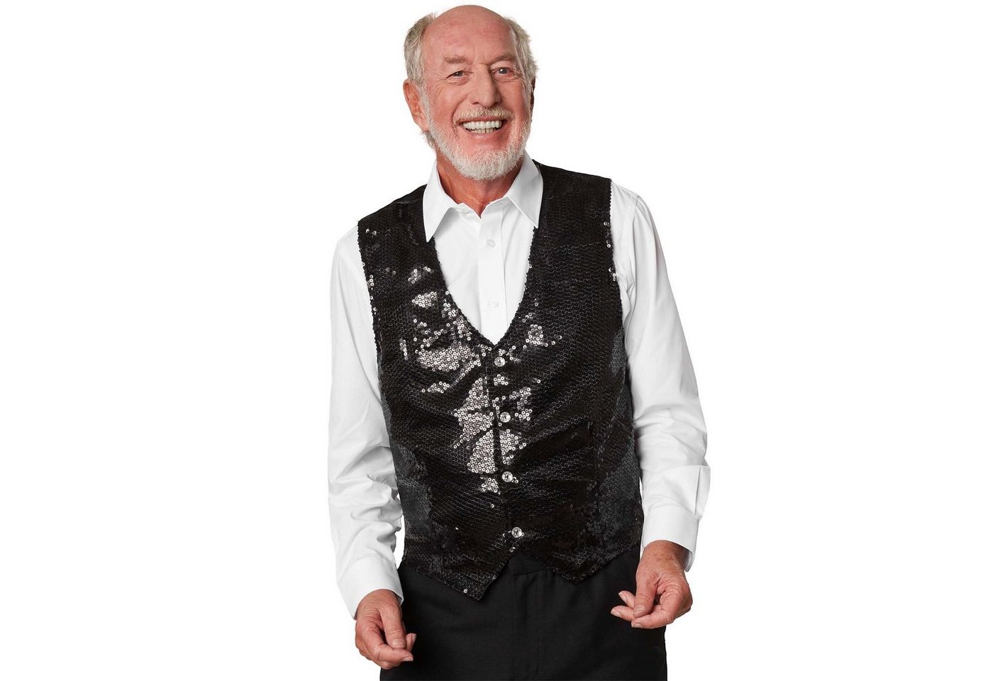 dressforfun Anzugweste Gilet, Hoher Tragekomfort, perfekter Sitz, Herren-Weste einfarbig (Festweste, Konfektionsgröße XXL in schwarz) Vorn mit glitzernden Pailletten, Feiner Glanzstoff auf der Rückseite Bild 3