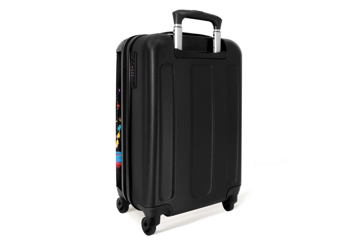 NoBoringSuitcases.com© Hartschalen-Trolley Löwe mit bunten Spritzern auf schwarzem Hintergrund 55x35x20cm, Reisetasche mit Rollen, Koffer Handgepäck Flugzeug