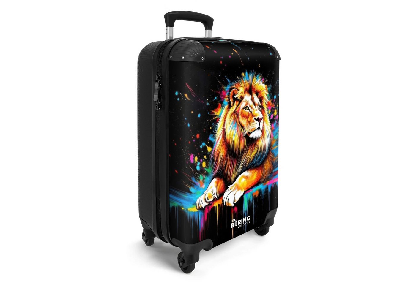 NoBoringSuitcases.com© Hartschalen-Trolley Löwe mit bunten Spritzern auf schwarzem Hintergrund 55x35x20cm, Reisetasche mit Rollen, Koffer Handgepäck Flugzeug Bild 3