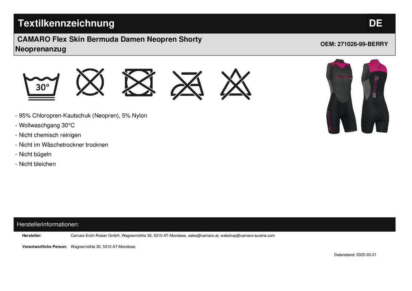 Camaro Neoprenanzug CAMARO Flex Skin Bermuda Damen Neopren Shorty Neoprenanzug - Groesse: Bild 3