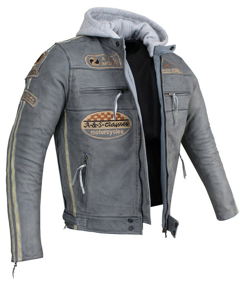 Alpha Speeds Motorradjacke Herren Leder Jacke Biker Freizeit Highway Jacke Grau (Trennbare Innenjacke + Kapuze) aus weichem Lammleder, mit herausnehmbare Protektoren