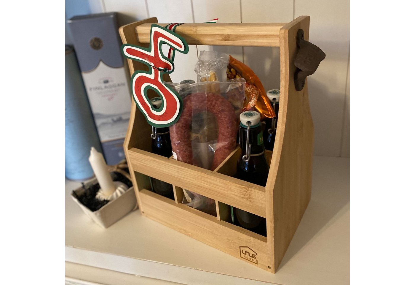 UNUS HOME Flaschenkorb Flaschenträger Bambus für 6 Flaschen, Getränketräger, Tragekorb, Bierflaschenträger, Bierträger Bild 4
