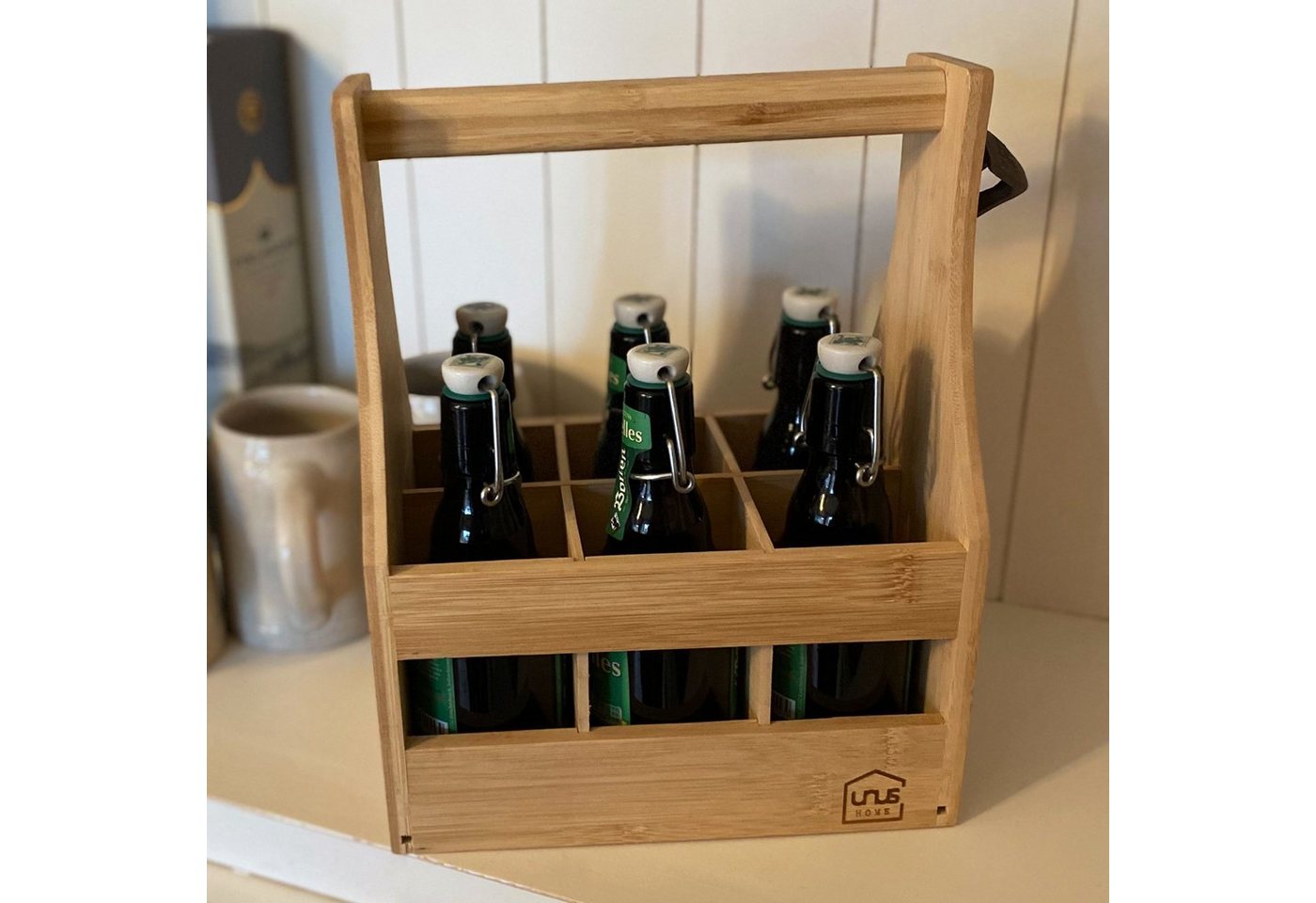 UNUS HOME Flaschenkorb Flaschenträger Bambus für 6 Flaschen, Getränketräger, Tragekorb, Bierflaschenträger, Bierträger Bild 5