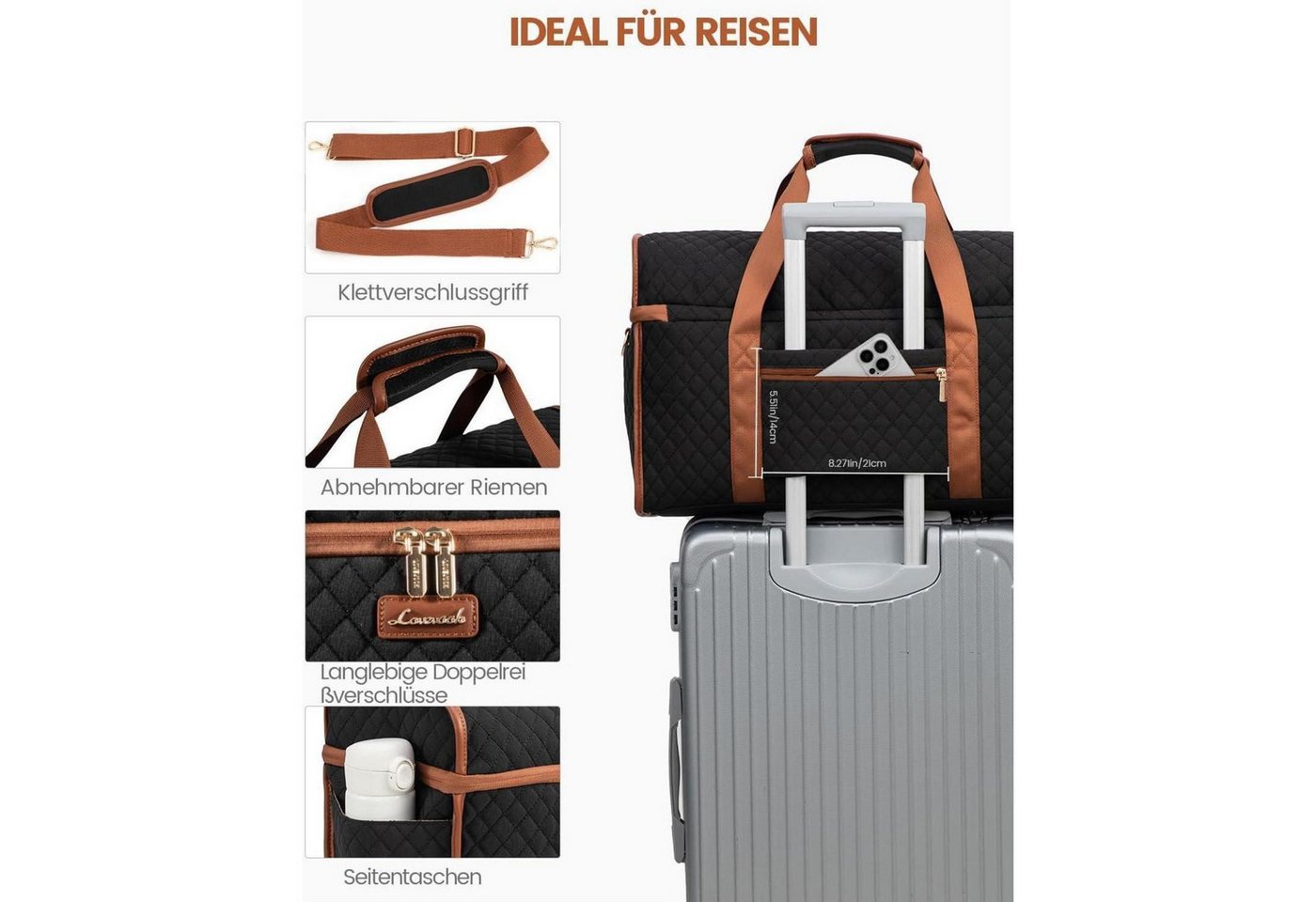 LuxusKollektion Reisetasche Reisetasche Weekender Handgepäck Wasserdicht Damen XL Schwarz+braun Bild 3