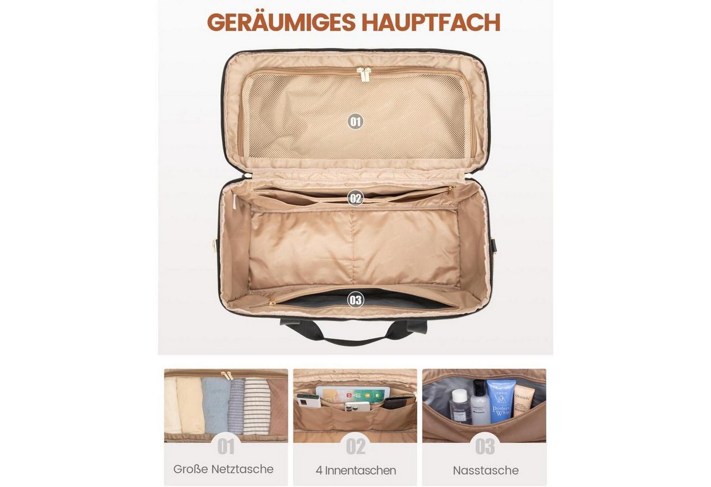 LuxusKollektion Reisetasche Reisetasche Weekender Handgepäck Wasserdicht Damen XL Schwarz+braun Bild 4