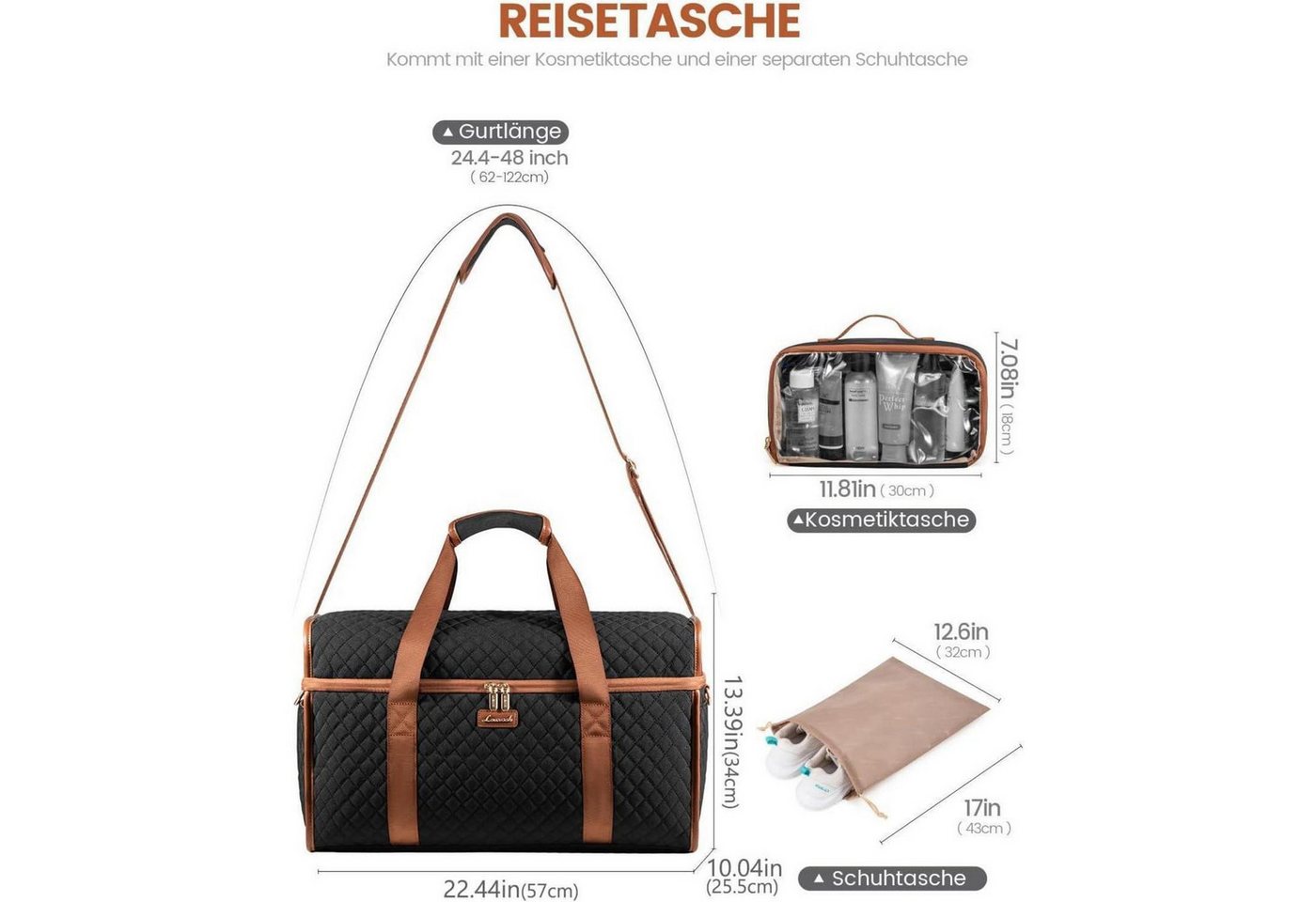 LuxusKollektion Reisetasche Reisetasche Weekender Handgepäck Wasserdicht Damen XL Schwarz+braun Bild 5